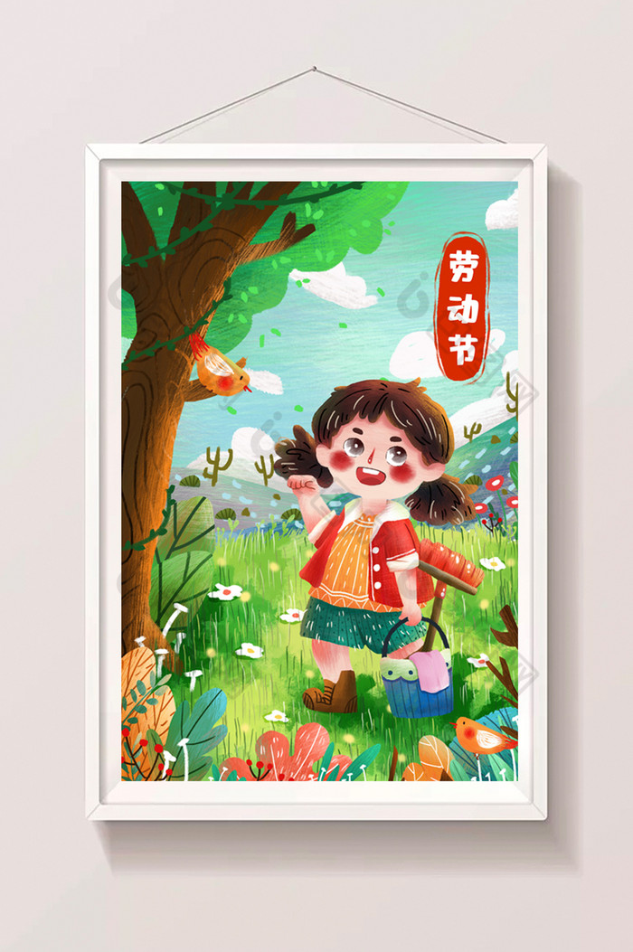 劳动节户外植物小女孩劳动花卉小鸟插画图片图片