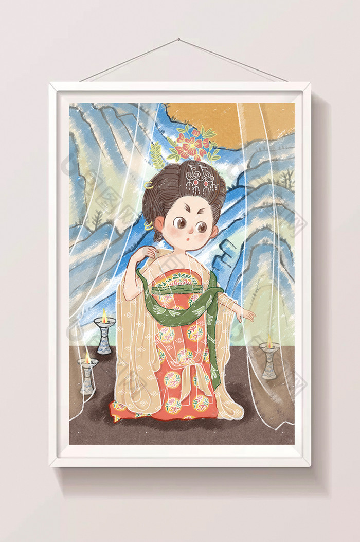 蓝色粉色清新偏平中国风插画