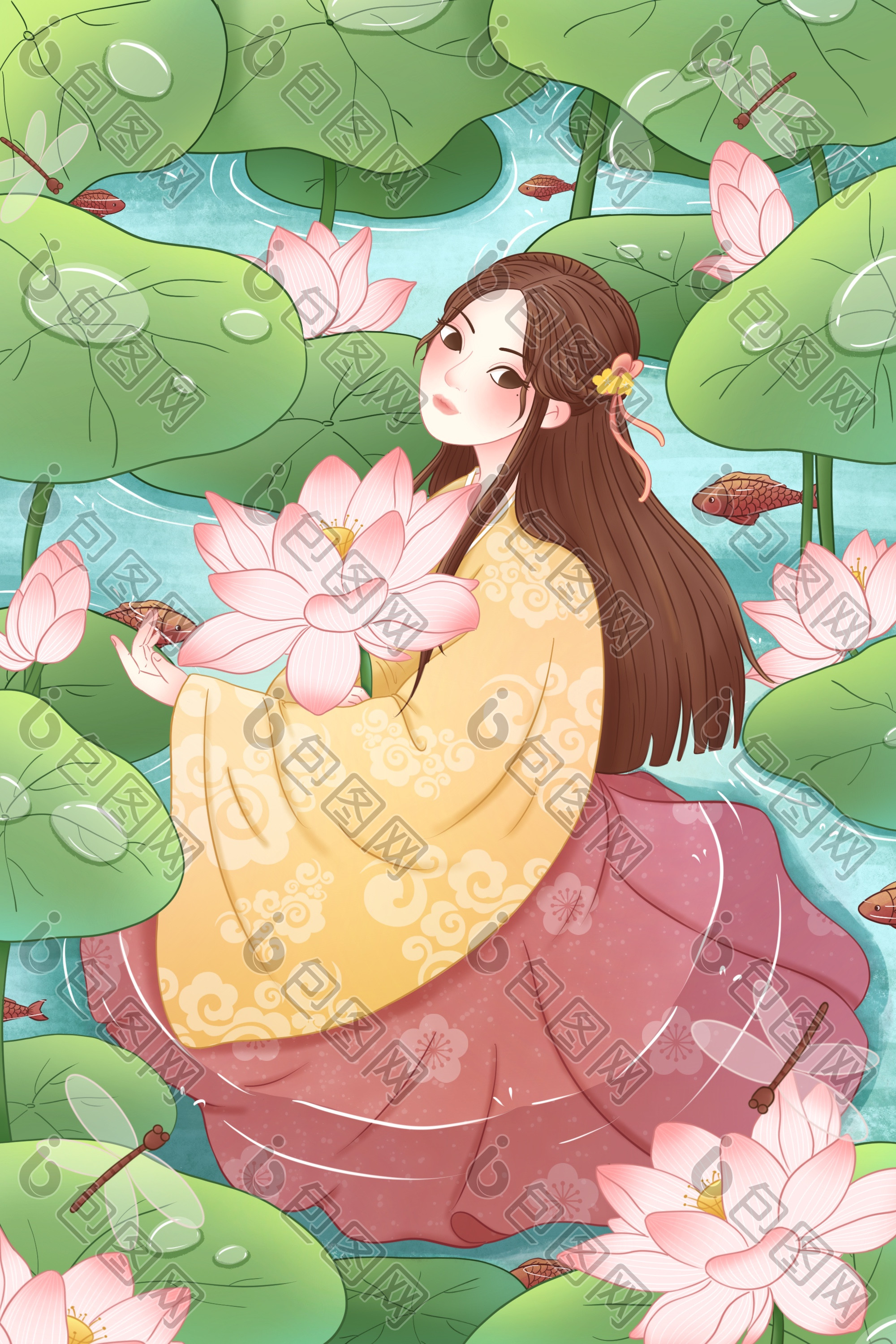 中国风手绘荷花女孩插画