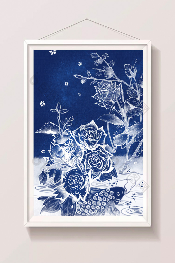 蓝色扎染风格植物花卉插画