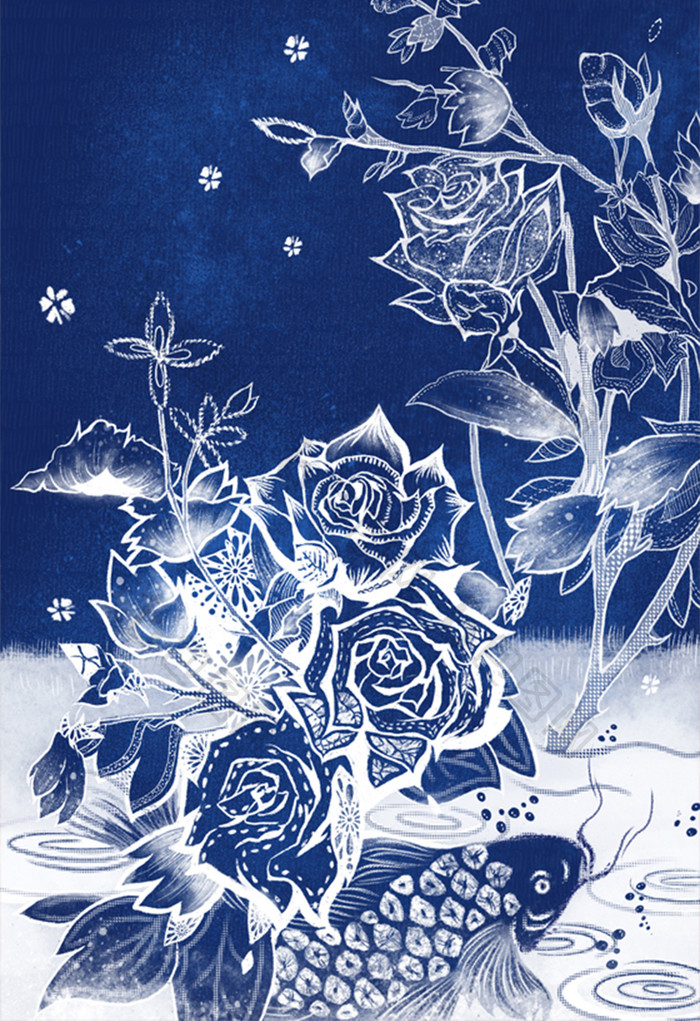 蓝色扎染风格植物花卉插画