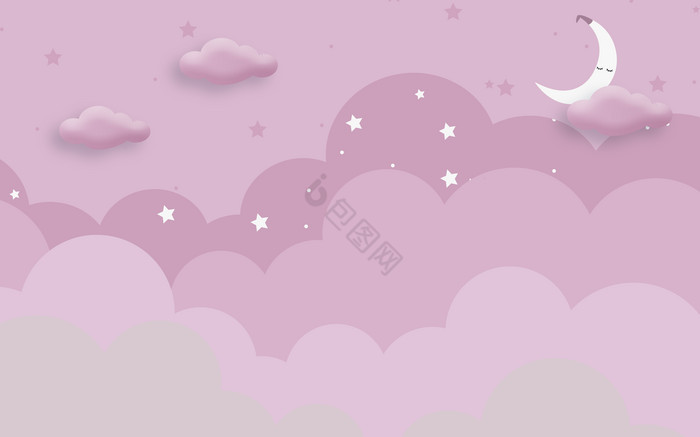 北欧简约粉色云朵星空月亮儿童房背景墙图片