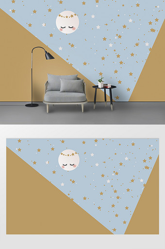 北欧手绘抽象山峰星空月亮晚安儿童房背景墙图片