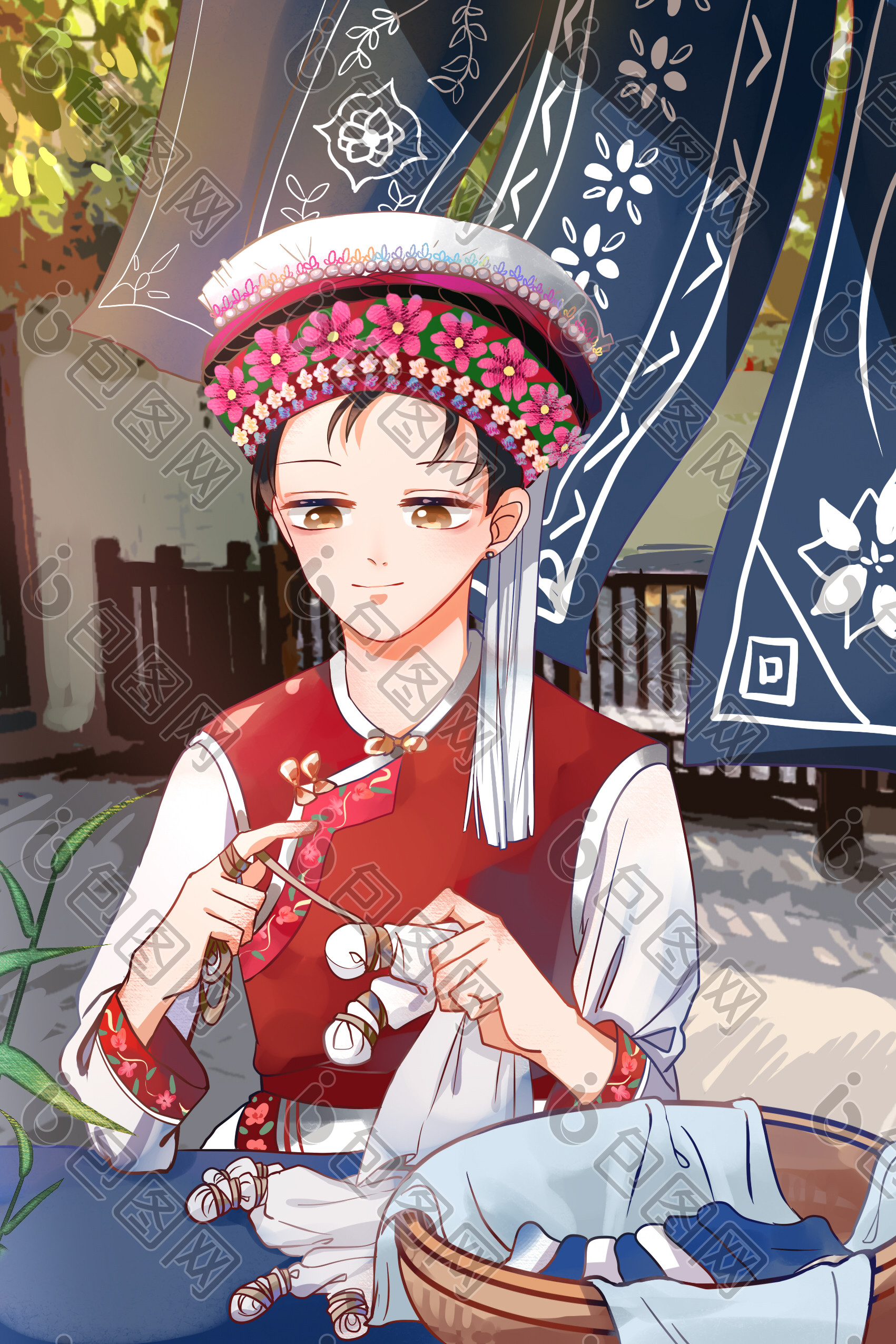的白族少女在院子里做传统工艺扎染素材免费下载,本次作品主题是插画