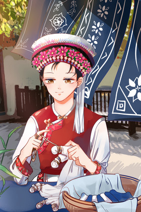 白族少女在院子里做工艺扎染