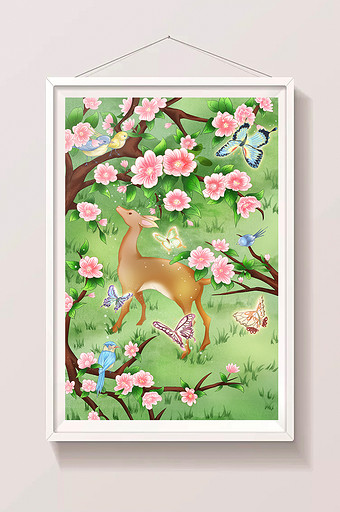 清新手绘风春日海棠花和鹿图片