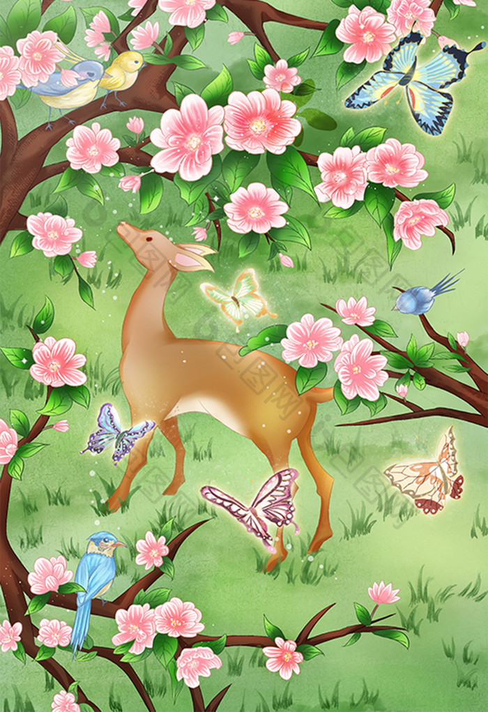 清新手绘风春日海棠花和鹿