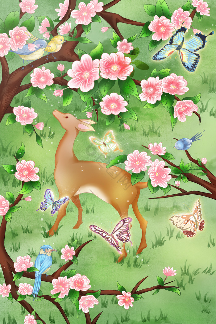 风春日海棠花和鹿图片