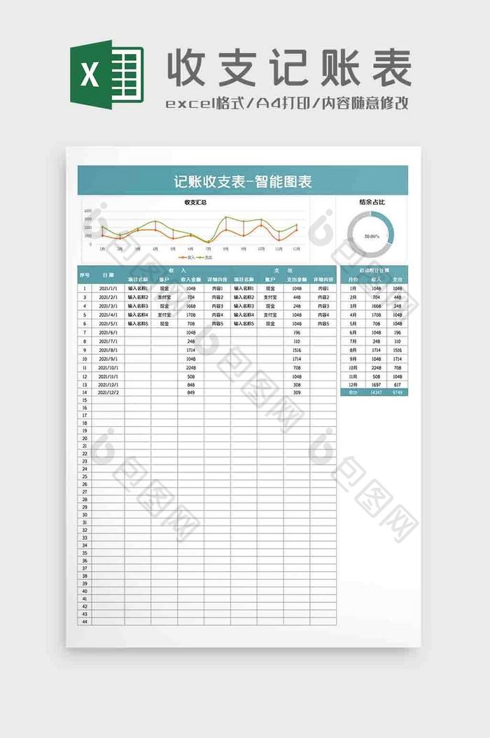 财务记账收支表智能图表Excel模板