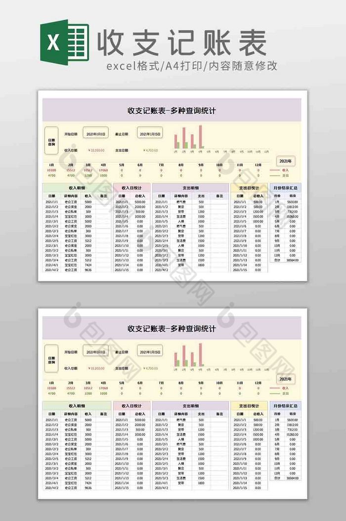 财务收支记账表多种查询统计Excel模板图片图片