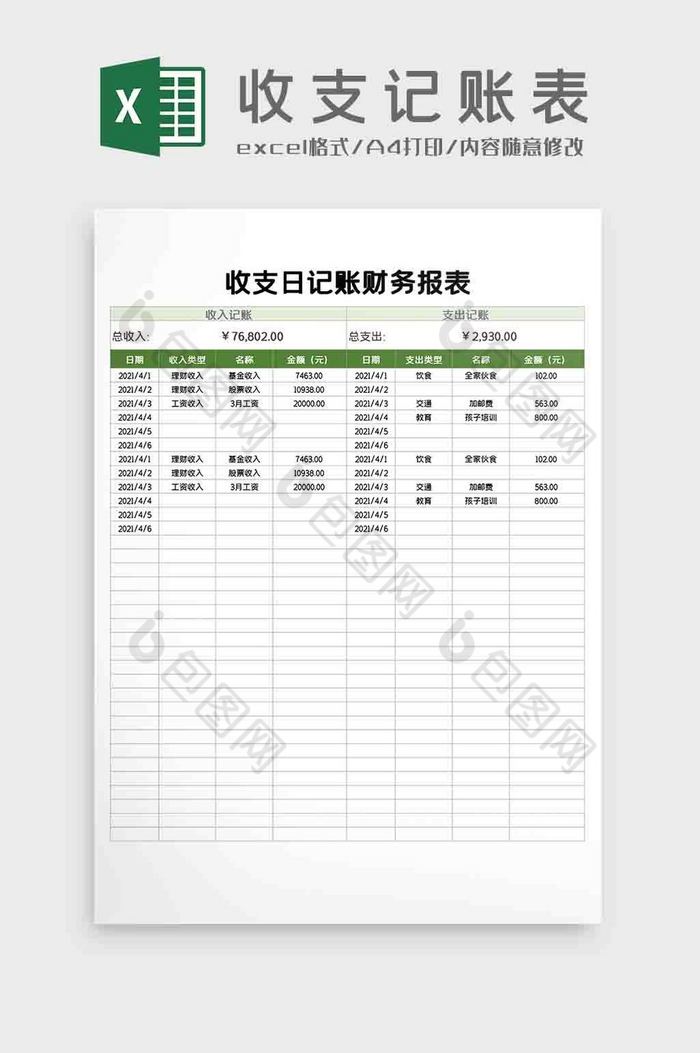 财务收支日记账财务报表Excel模板图片图片