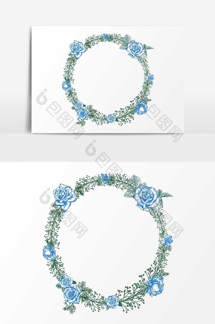 韩式复古浪漫文艺蓝色玫瑰花环边框元素