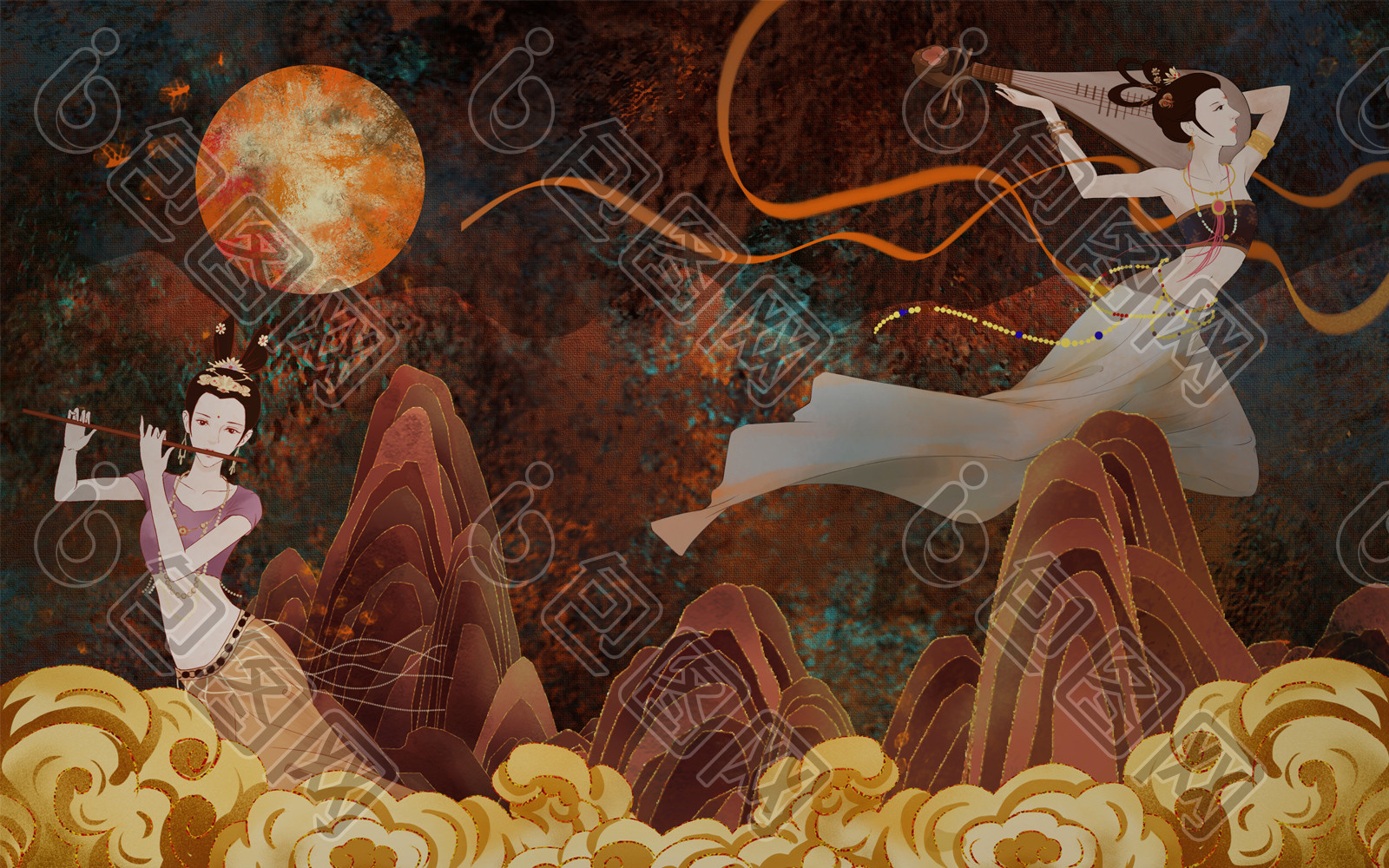 中国风古典敦煌飞天壁画背景墙