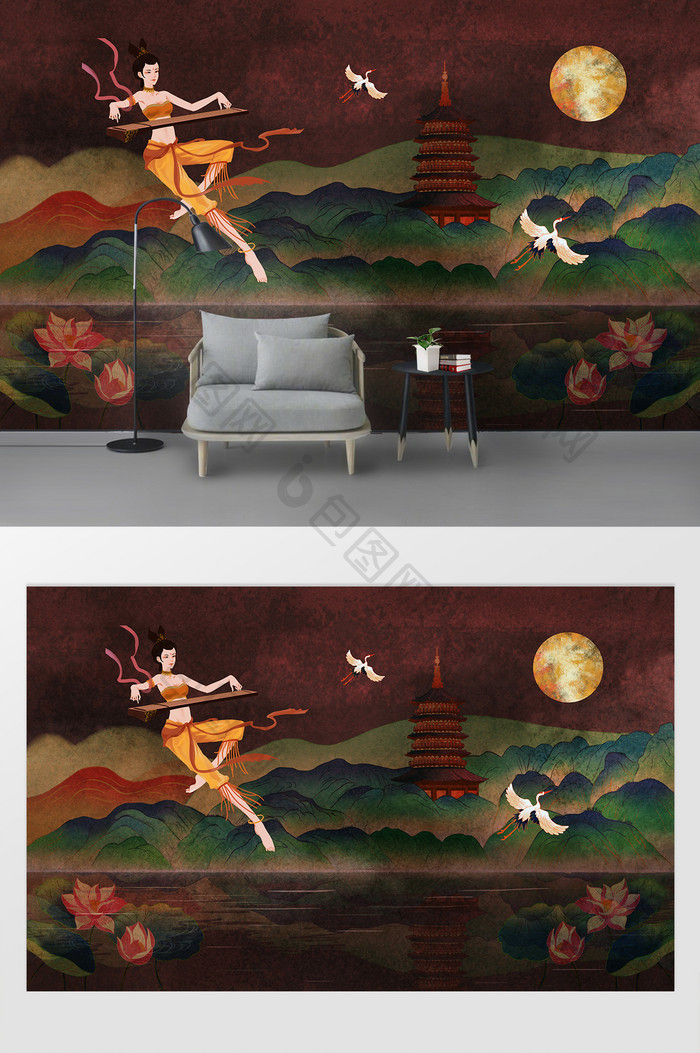 新中式山水仙鹤飞天敦煌壁画背景墙