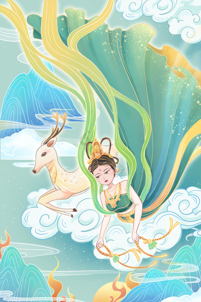 敦煌风山水仙鹿插画圣诞节4k下载国潮鎏金中国风敦煌飞天仙女鹿循环