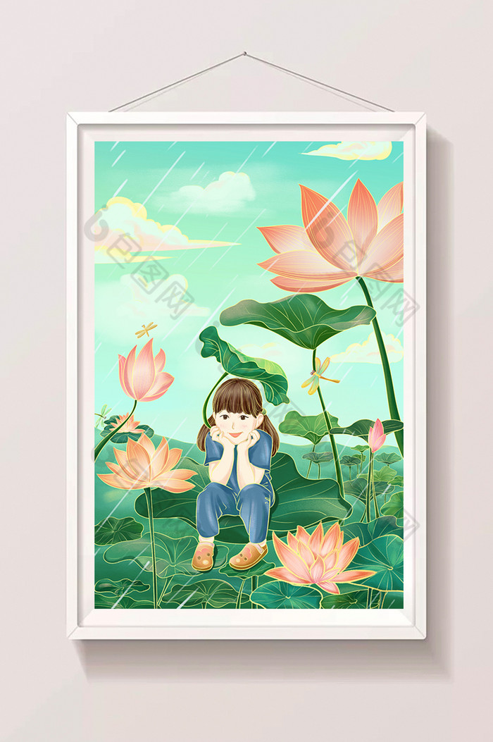 夏季荷花池女孩躲雨插画图片图片