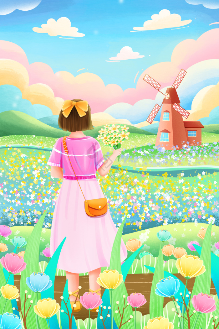 春夏旅游季踏青花海插画