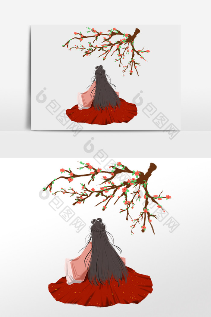 古风红裙子美女背影图片