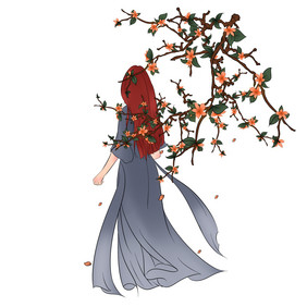 春天花枝蓝裙子美女背影