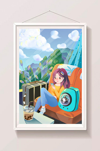 旅行旅游女孩游玩高铁窗外风景行李猫咪插画图片