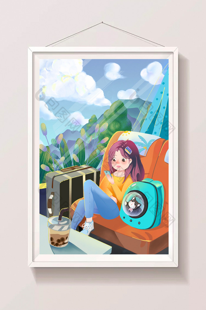 旅行旅游女孩游玩高铁窗外风景行李猫咪插画图片图片