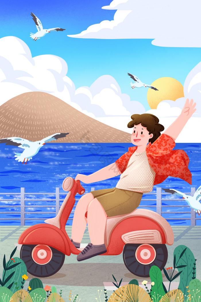 旅行旅游兜风骑摩托海边海鸥太阳插画图片