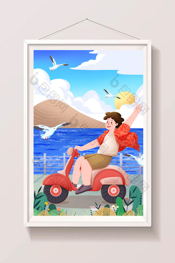 旅行旅游兜风骑摩托海边海鸥太阳插画