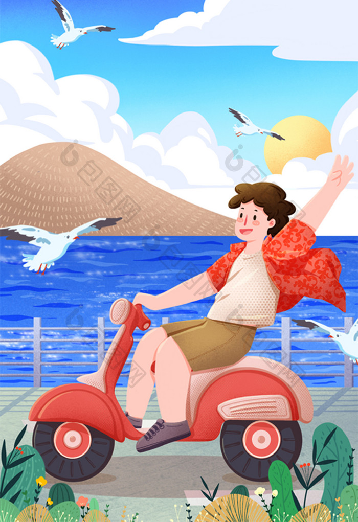 旅行旅游兜风骑摩托海边海鸥太阳插画