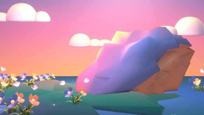 卡通动画黄昏花朵蝴蝶山地景观背景视频素材