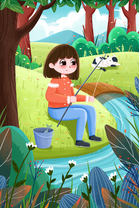 旅行钓鱼河边郊外女孩树林鱼竿小鱼插画图片