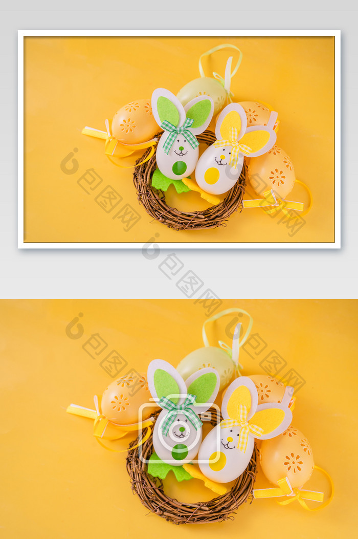 复活节复活蛋兔子黄色背景摄影图