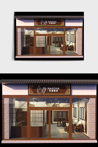 棕色木制中式风店铺门头设计C4D创意场景图片