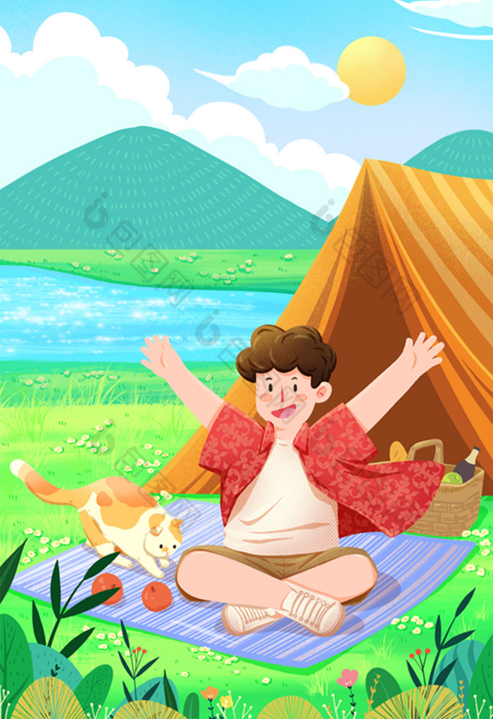 旅行户外阳光帐篷自由动物河边插画