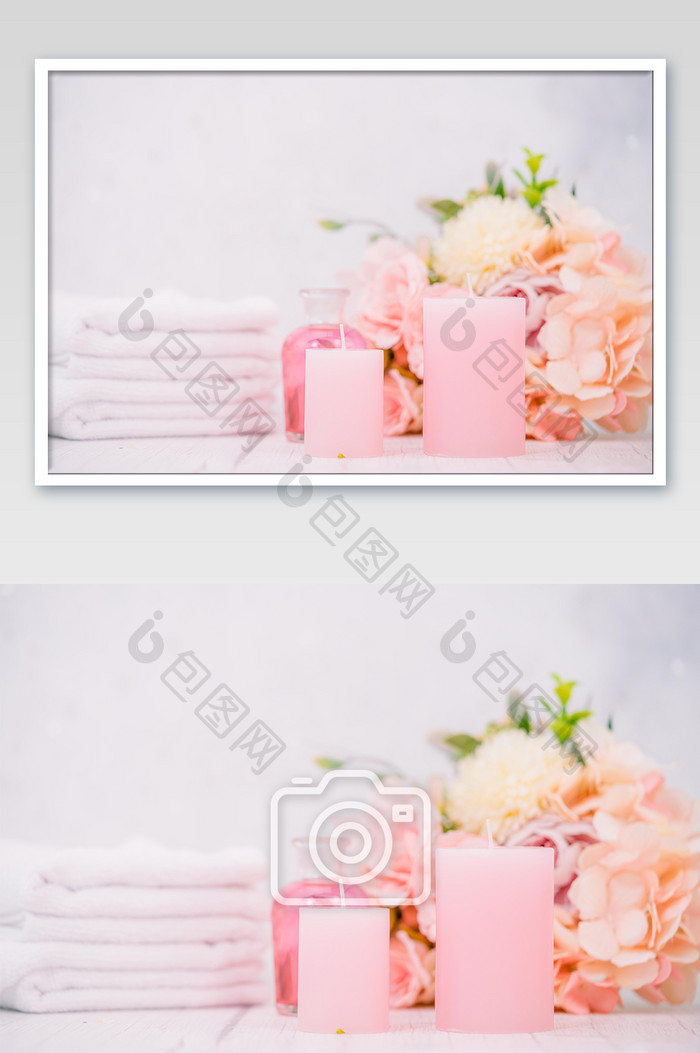 粉色香薰蜡烛和鲜花
