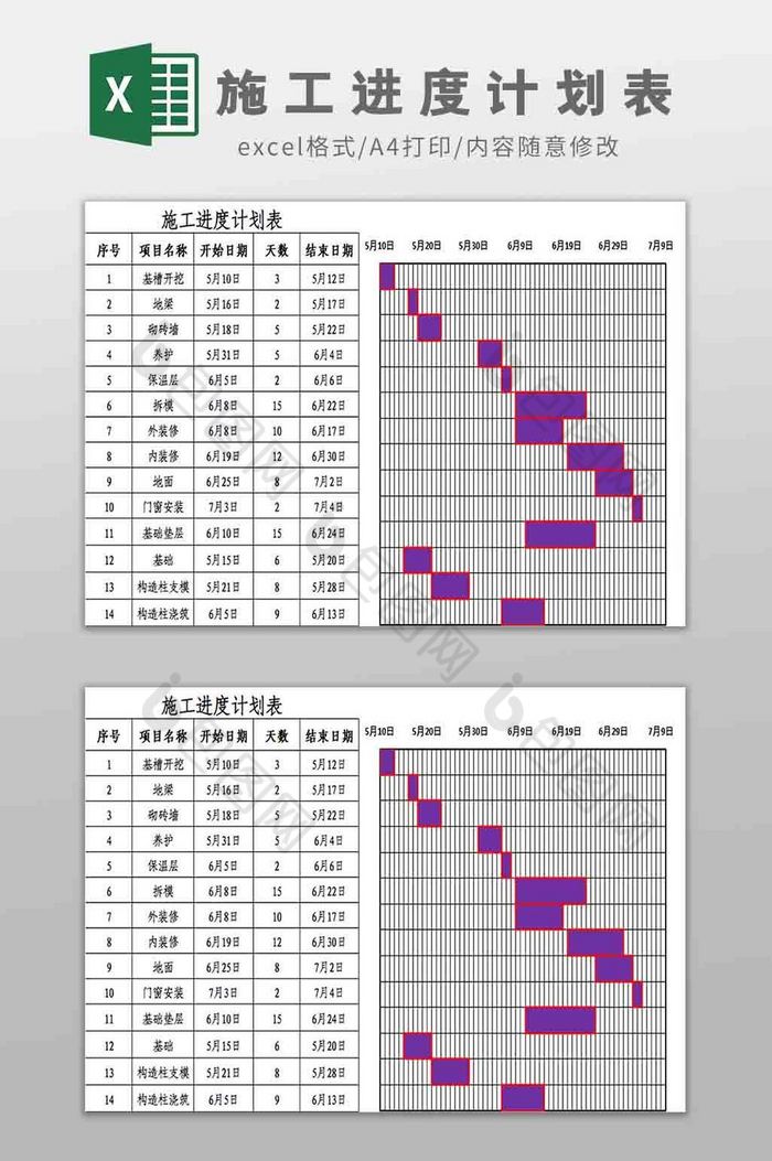 施工进度计划报表Excel模板图片图片