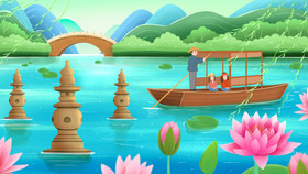 春天杭州西湖旅游划船插画