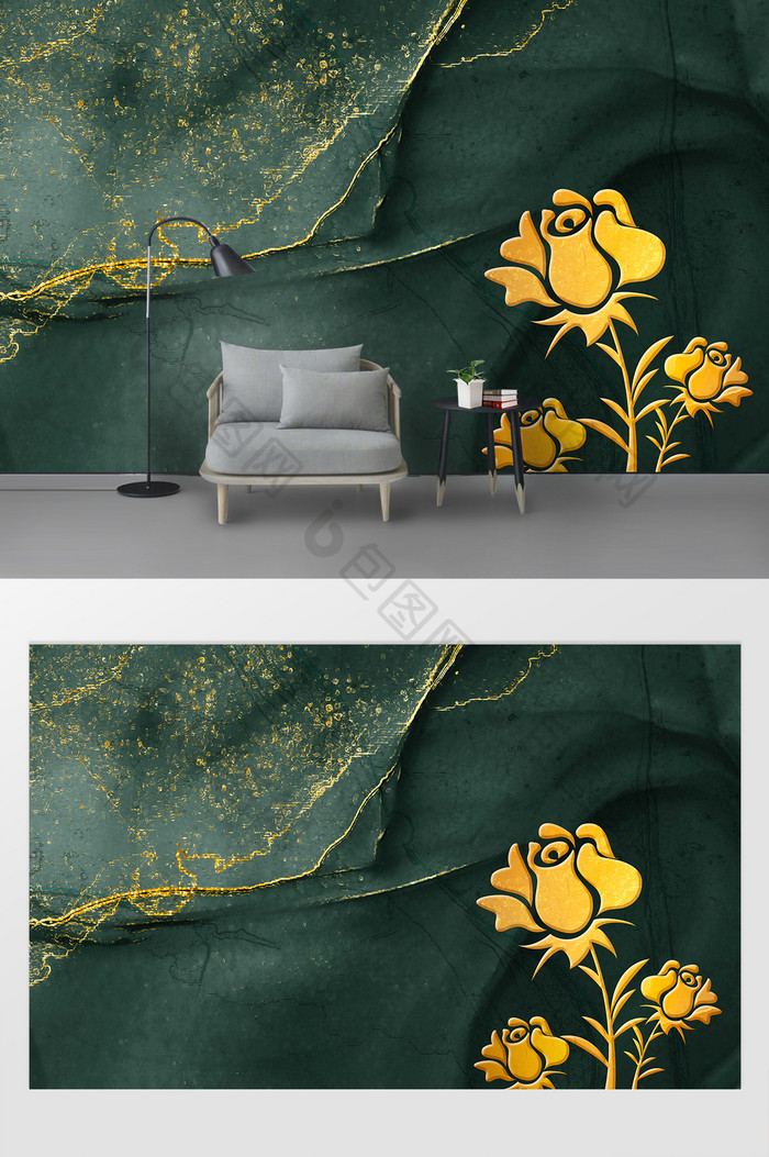 墨绿大理石墙面浮雕花朵金色背景墙