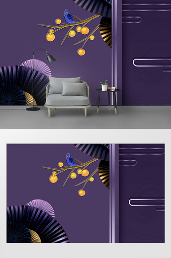紫色暗纹扇子折扇元素鸟儿中国风背景墙图片