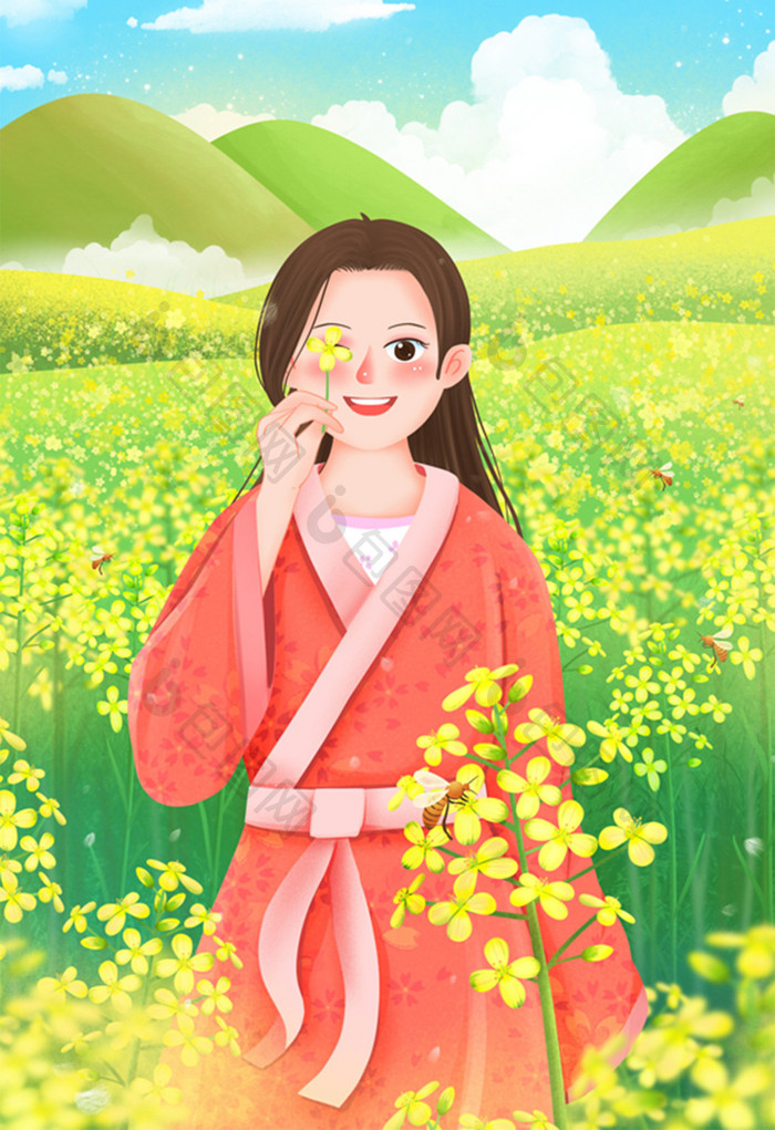 妙笔生花唯美清新春天油菜花姑娘插画