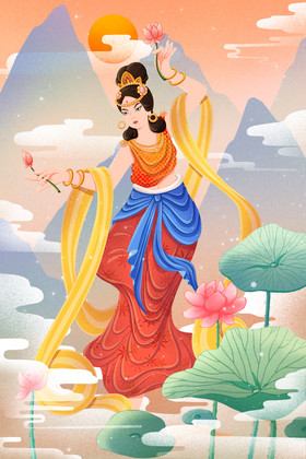 敦煌文化中国古风女子荷花云端插画