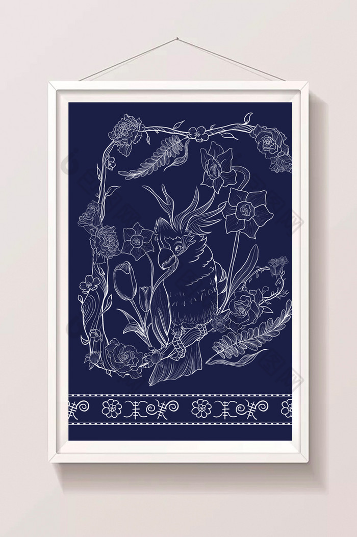 蓝青花扎染蔷薇花百灵鸟插画图片