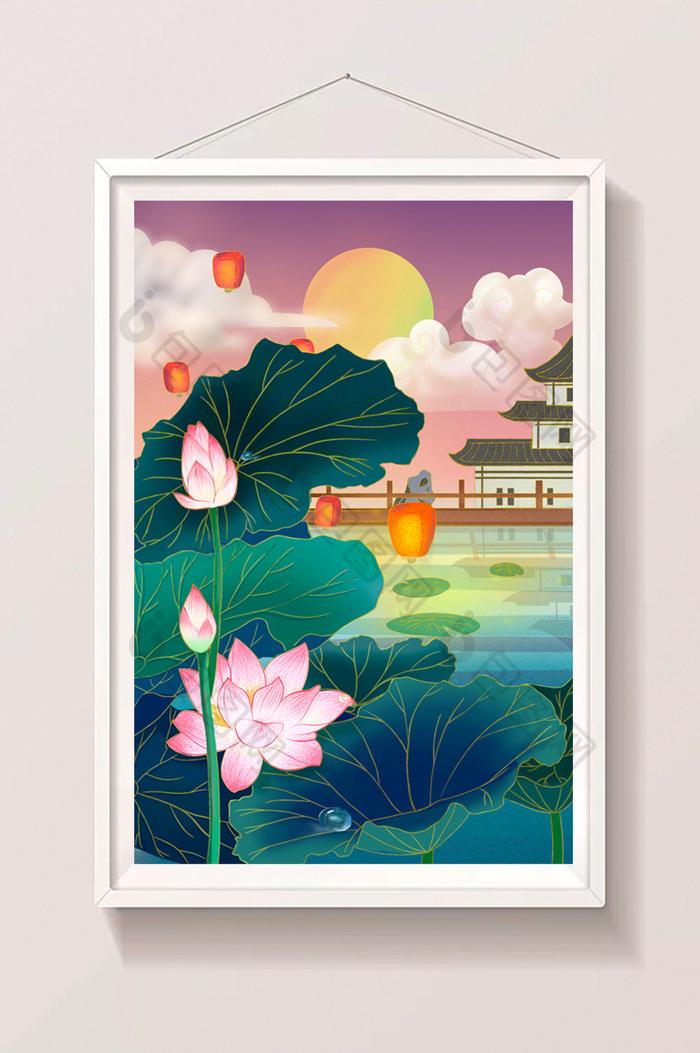 妙笔生花莲中国古风建筑孔明灯夕阳插画图片图片