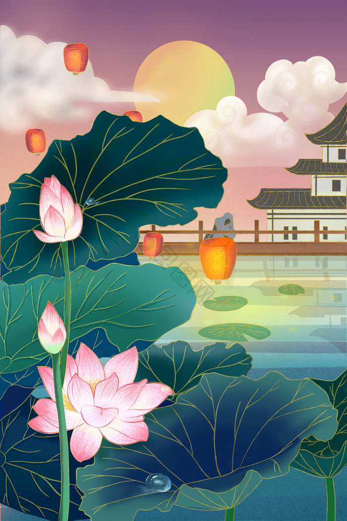 妙笔生花莲中国古风建筑孔明灯夕阳插画