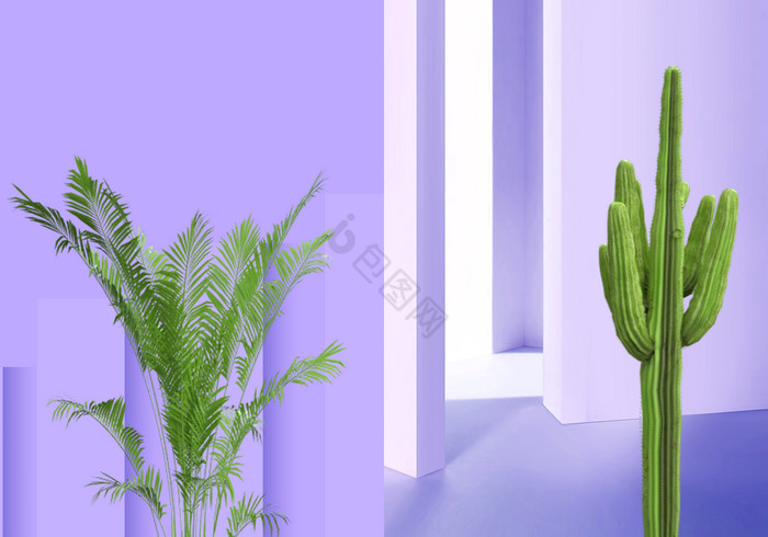 紫色建筑空间感绿色植物北欧装饰画图片