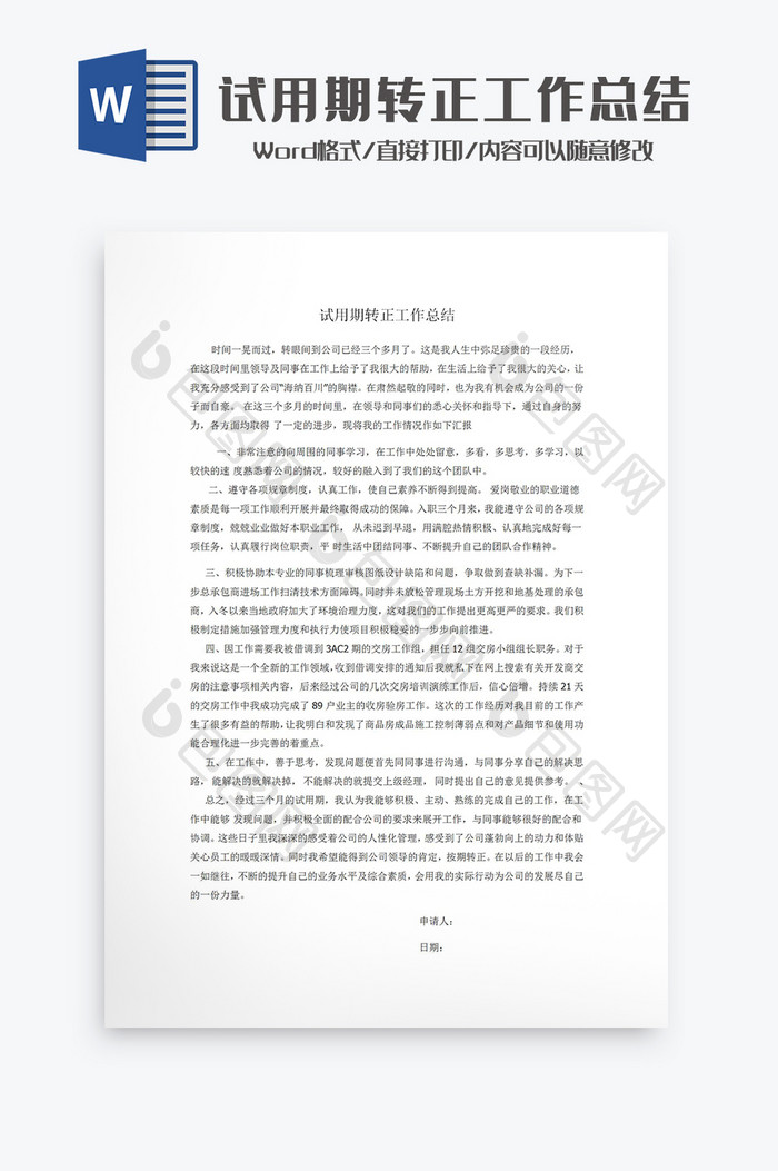 试用期转正工作总结Word模板