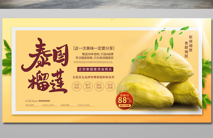 黄色自然新鲜水果泰国榴莲美食宣传展板