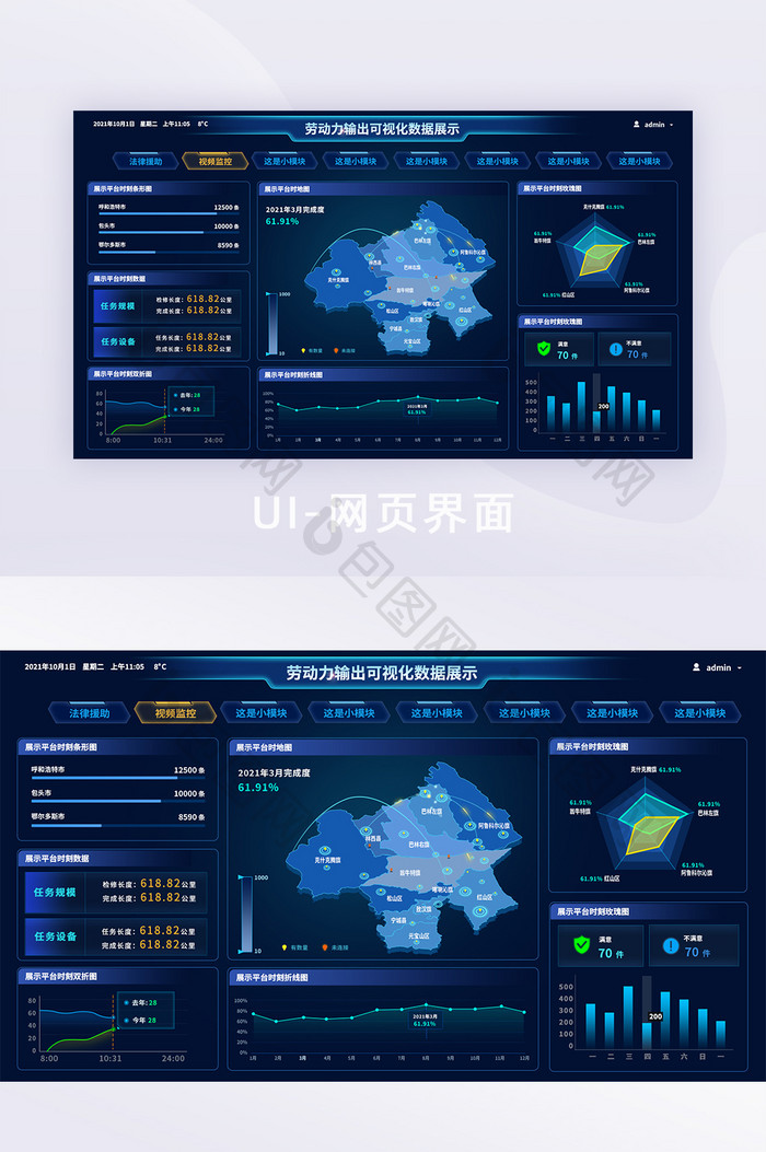 深色科技感大数据监测可视化平台UI网页界