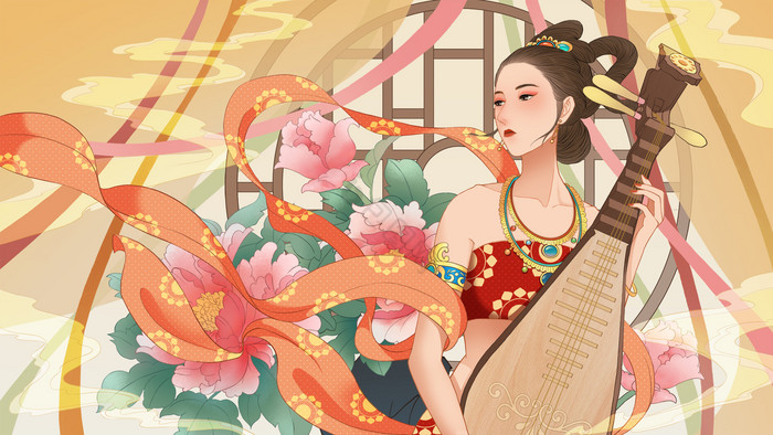 暖色中国特色文化敦煌古风美女琵琶牡丹插画图片