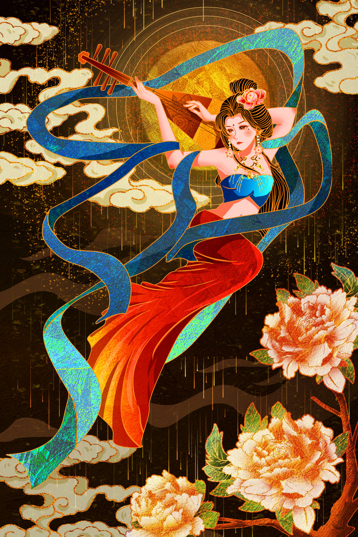古风敦煌美女仙女反弹琵琶插画
