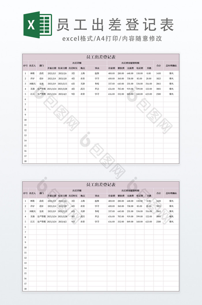 企业员工出差登记表Excel模板